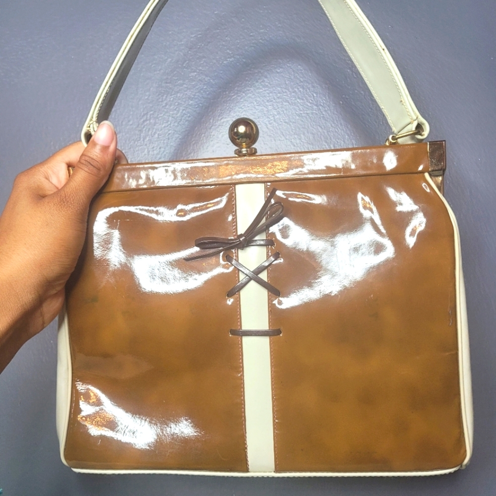 RARE Vintage Brown and Cream Patent Leather 1960s Mid-century Lace Up Purse